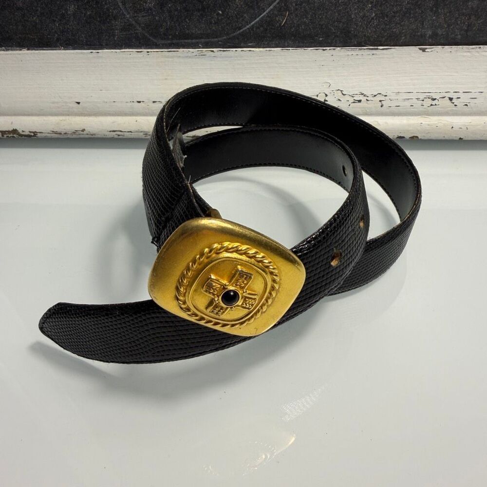 Ben-Amun Vintage Black Textured Leather Statement Belt Gold Ornate Cross Buckle
